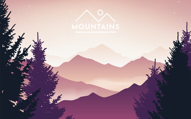 Vector illustration of mountain landscape with forest and sky with the dawn. Sunset in the mountains. Morning sky. Minimalist style graphic design for flyers, banners, backgrounds, coupons, vouchers