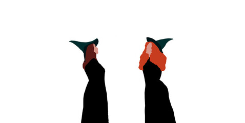 Digital illustration of brunette and redhead woman dressed as witches celebrating and congratulating a happy halloween. Happy Halloween 2021 Concept.
