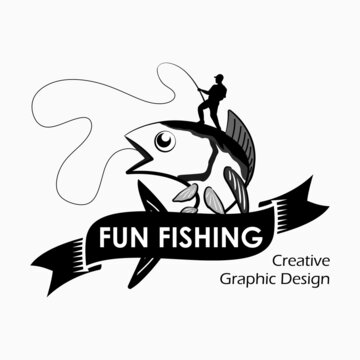 fishing logo. albacore tuna and fishing people in black and white ribbon. Fishing theme vector illustration. vector creative design template for t-shirt, poster, web, sticker or wallpaper design