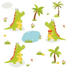 Vector set of crocodiles. Cartoon crocodiles. Cartoon character. Tropics. African animal.
