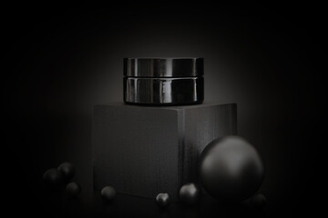 Black unbranded cosmetic cream jar standing on black podium. Skin care product presentation on the...
