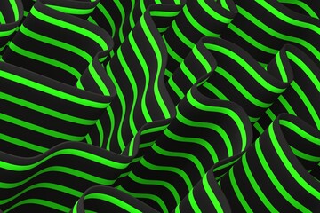 Dark abstract geometric wavy folds with black and green stripes. 3d rendering.