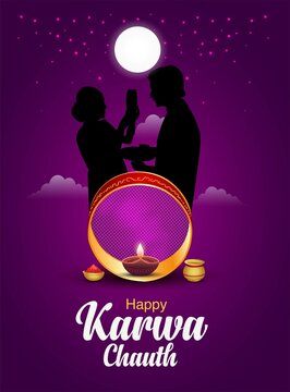 illustration of Indian Hindu Festival happy Karva Chauth background with couple doing Karwa Chauth.