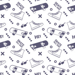 Vector Illustration of Board, Sneakers and Word. Skateboarding Seamless Pattern with Cartoon Skateboard. Line Art Style Skate on White Color Background