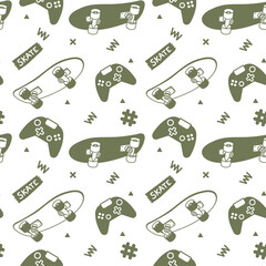 Vector Illustration of Board, Gamepad and Word. Skateboarding Seamless Pattern with Cartoon Skateboard. Line Art Style Skate on White Color Background