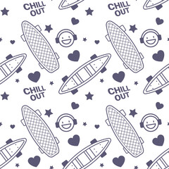 Vector Illustration of Penny Board, Smile and Word. Skateboarding Seamless Pattern with Cartoon Skateboard. Line Art Style Skate on White Color Background