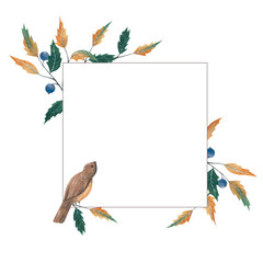 Watercolor hand-painted autumn frame. Berries and bird