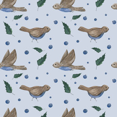Watercolor hand-painted floral seamless pattern. Birds and berries