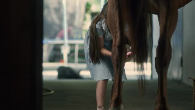 Girl cleaning horse hoof in barn