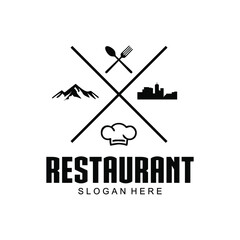 restaurant logo templates. classic and simple vector for restaurant. combination of mountain, topikoki, lota and cutlery