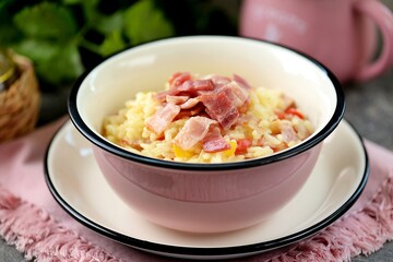 Rice with red and yellow bell peppers and fried bacon.