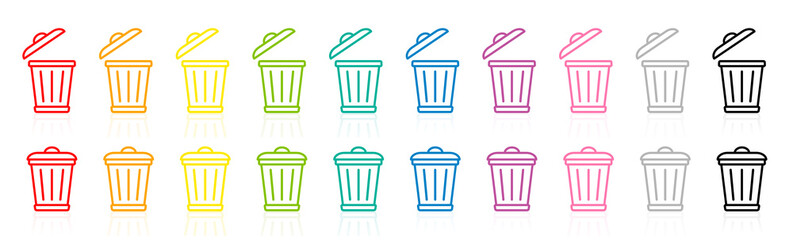 Trash can logo, waste bins, colorful garbage can symbols, rainbow colored waste container pictogram, with open and closed lid. Isolated vector illustration on white background.
