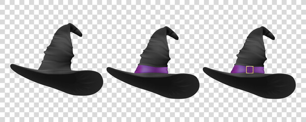 Three Black Hats. Vector 3d Realistic Cartoon Halloween Witch Hat Icon Set Closeup Isolated. Front View. Design Template of Witches Hat. Autumn Holidays, Halloween Concept