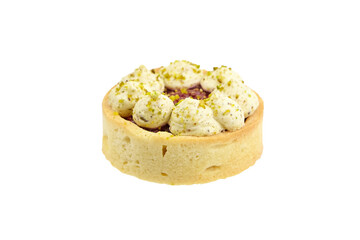 Sweet mini tart with pistachio and raspberry isolated on white