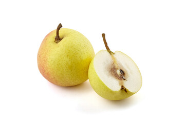 Halved ripe pear fruit isolated on white background