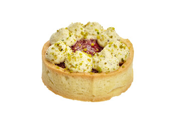 Sweet mini tart with pistachio and raspberry isolated on white