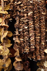 Dried mushrooms hanging on a string