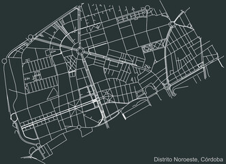 Detailed negative navigation urban street roads map on dark gray background of the quarter Noroeste district of the Spanish regional capital city of Cordoba, Spain