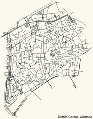 Detailed navigation urban street roads map on vintage beige background of the quarter Centro district of the Spanish regional capital city of Cordoba, Spain