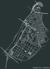 Detailed negative navigation urban street roads map on dark gray background of the quarter Sur district of the Spanish regional capital city of Cordoba, Spain