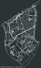 Detailed negative navigation urban street roads map on dark gray background of the quarter Poniente-Sur district of the Spanish regional capital city of Cordoba, Spain
