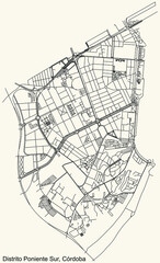 Detailed navigation urban street roads map on vintage beige background of the quarter Poniente-Sur district of the Spanish regional capital city of Cordoba, Spain