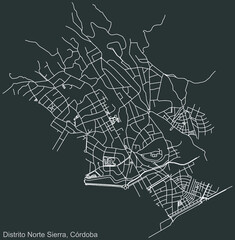 Detailed negative navigation urban street roads map on dark gray background of the quarter Norte-Sierra district of the Spanish regional capital city of Cordoba, Spain