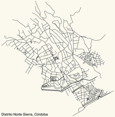 Detailed navigation urban street roads map on vintage beige background of the quarter Norte-Sierra district of the Spanish regional capital city of Cordoba, Spain