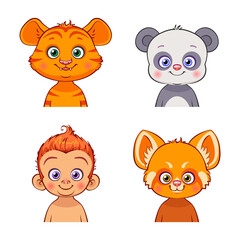 Cute animal faces. Vector illustration of asian animals: tiger, panda, monkey, red panda.