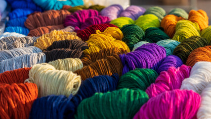Colored sheep wool yarn for knitting.