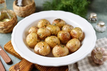 Baked baby potatoes with garlic and dill.