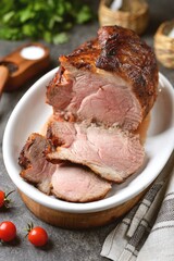 Baked pork neck with soy sauce, ketchup, honey and olive oil.