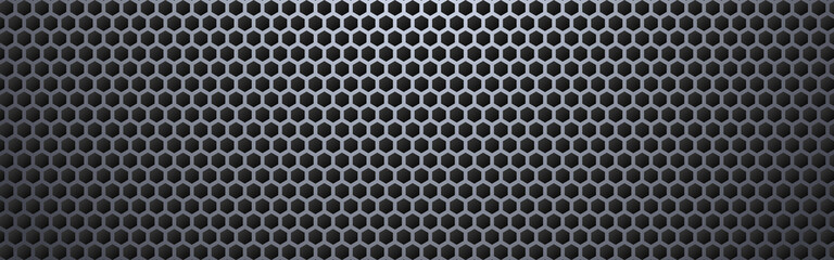 Metal hexagon wide. Steel honeycomb texture. Perforated sheet with light effect. Modern metal mesh. Geometric hexagon background. Futuristic steel construction. Vector illustration