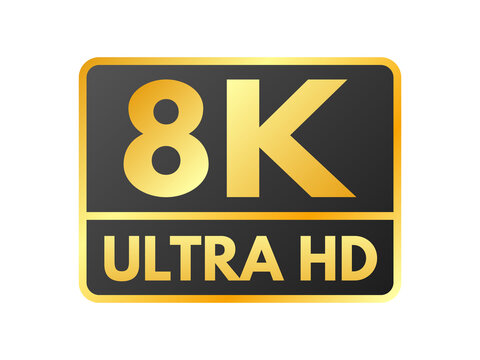 8K icon. Ultra HD label on white background. High definition label. 8K resolution gold mark. UHD video icon isolated. Vector illustration