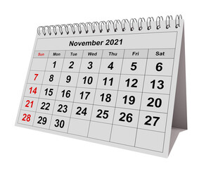 One page of the annual business monthly calendar. Date - month November 2021