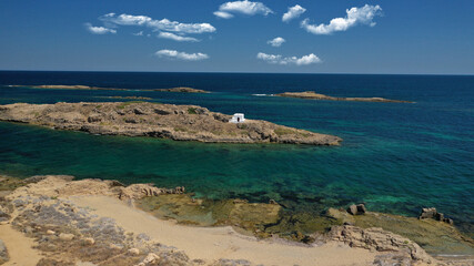 Aerial drone photo of small islet and chapel of Agios Ermolaos, Skyros island, Sporades, Greece