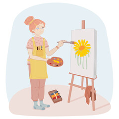 A girl artist stands painting a picture at an easel on canvas. Artist's Day. Vector illustration.