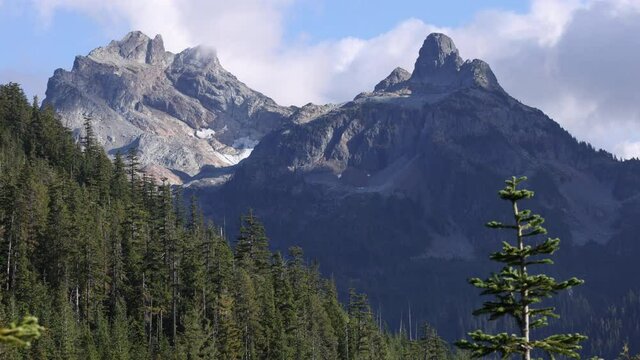 Squamish British Columbia View of Mountains Sky Pilot and Co-Pilot Mountains seen from hiking trails at top of Sea to Sky Gondola, BC, Canada