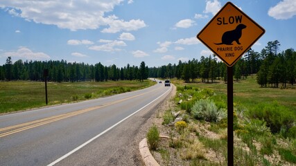 Bryce Canyon National Park in Utah.Rocky mountains erode and color a variety of landscapes.
A crossing caution sign in the Prairie Dog habitat.