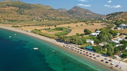 Aerial drone photo of paradise beach of Kalamitsa in island of Skyros, Sporades, Greece