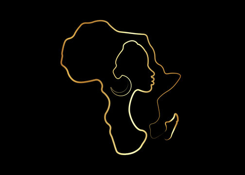 Black African Woman in gold line art style, continuous line drawing of Afro woman and African continent map. Vector golden linework icon logo isolated on black background