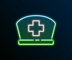 Obraz premium Glowing neon line Nurse hat with cross icon isolated on black background. Medical nurse cap sign. Colorful outline concept. Vector