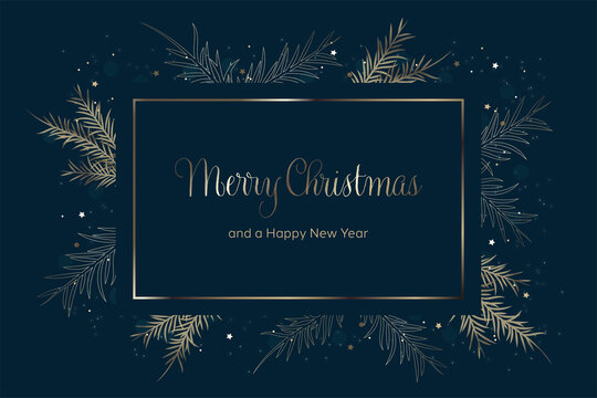 Merry Christmas and a Happy New Year greeting card vector. Blue background with gold frame, spruce branches, bokeh, stars and glare