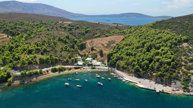 Aerial drone photo of paradise beach and bay of Pefkos in island of Skyros, Sporades, Greece