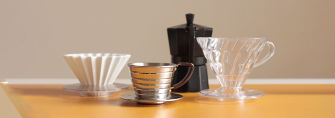 Lineup of coffee brewers in panorama