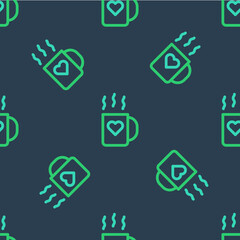Line Coffee cup and heart icon isolated seamless pattern on blue background. Couple coffee for lovers on Valentines Day. Vector