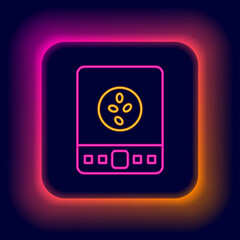 Fototapeta premium Glowing neon line Electronic coffee scales icon isolated on black background. Weight measure equipment. Colorful outline concept. Vector