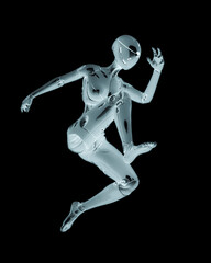 gynoid is the super fembot is jumping in white background