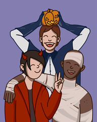 Boys halloween party, celebrating Halloween, boys band, stylish halloween party, halloween photo selfie, selfie smiling, headless horseman suit, bandages, devil, pumpkin