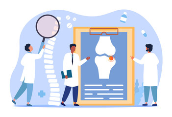 Osteoporosis concept. Doctors examine the spine and other bones of the patient. Diagnosis of bone diseases and the purpose of treatment. Cartoon flat vector illustration isolated on a white background - obrazy, fototapety, plakaty